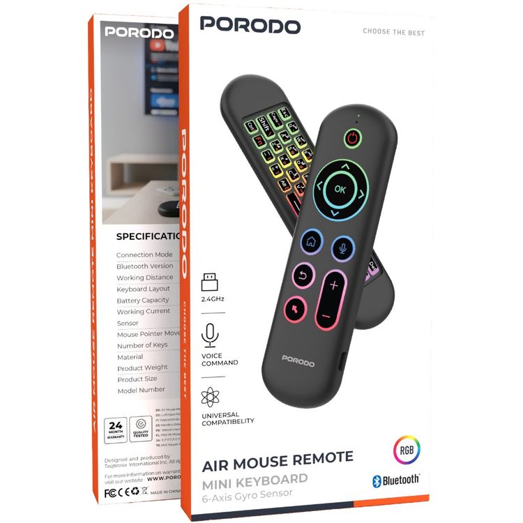 Porodo Air Mouse Remote and Mini Keyboard with 6 Axis Gyro Sensor, Arabic & English Layouts, 58 Full QWERTY Keyboard Keys, 3 Adjustable Level Mouse Pointer Movement, 250 mAh Battery Capacity - Black