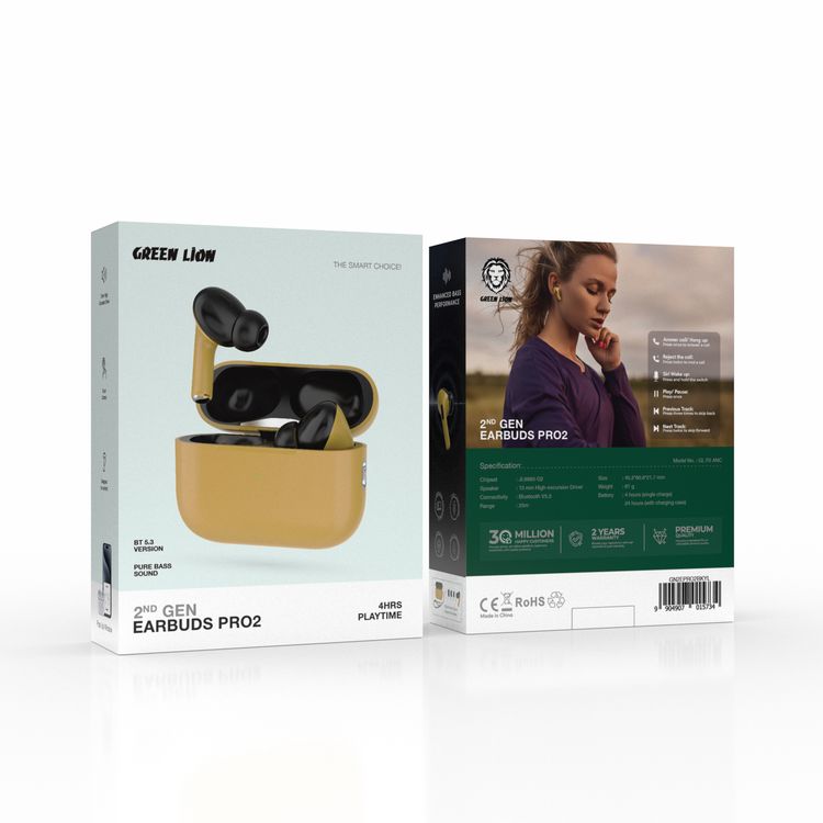 Green Lion 2nd Gen Earbuds Pro2 with ANC, Type-C Charging, Universal Compatibility, Wireless Charging, Built-in Microphone,  Silicone Ear Tips & Lanyard Included, 13mm High Excursion Driver, 4 Hours Playtime, Pure Bass Sound - Black / Yellow