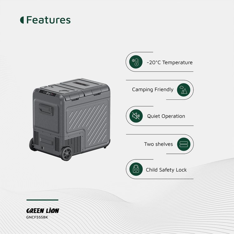 Green Lion GFC-55 Car Fridge with 55L Capacity, Pull Bar & Wheels, Touch Control Display & Interior Lights, Dual Power Supply, Child Safety Lock, Two Shelves, Quiet Operation - Black