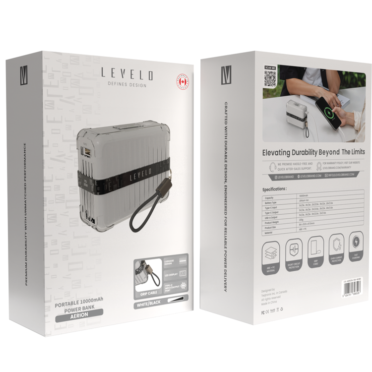 Levelo  Aerion Portable 10000mAh Power Bank with Luggage Design, LED Display, Over Current Protection, Lithium-ion Battery, Grip Cable, Fast Charging Support - White / Black  