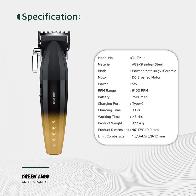 Green Lion Edge Pro Hair Clipper with 9100RPM Motor, Taper Lever, Ergonomic Design, 6 Guide Combs, Battery Indicator, 2500mAh Battery Capacity, Type-C Charging - Gold / Black