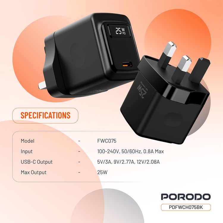Porodo 25W Wall Charger with Single USB-C Port, High-Speed Efficient Charging, Digital Display, Built-in Safeguards, Fast Charging - Black