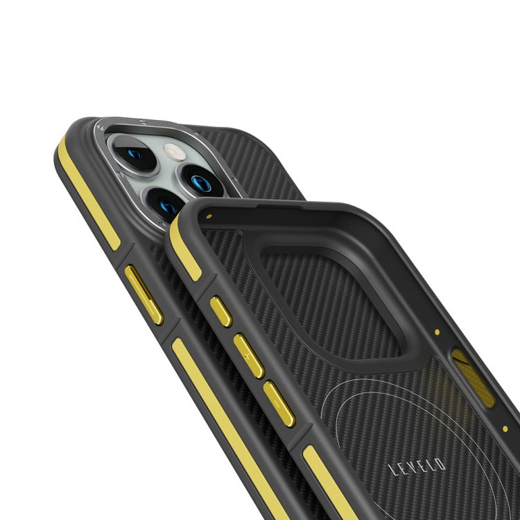 Levelo Ox Carbon Case for iPhone 15 Pro, MagSafe Compatible, Reinforced Corners with Air Guard, Shock-Proof Edges, 3H Scratch Resistance, Raised Camera Bezel - Yellow