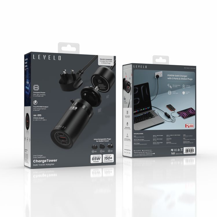 Levelo Charge Tower GaN Travel Adapter, Smart Power Distribution, Global Compatibility, Compact Power - Black