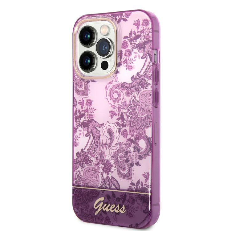 Guess PC/TPU IML Case With Double Layer Electroplated Camera Outline & Toile De Jouy - iPhone 14 Pro Max - Fuchsia