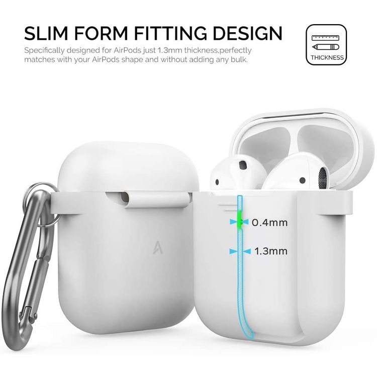AhaStyle Keychain Silicone Case with Anti-Lost Ring for AirPods 1/2 Generation, Drop Resistant, Dustproof and Absorbing Protective Cover with Hang Case White