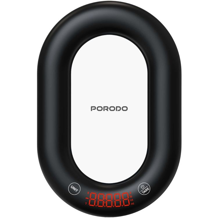 Porodo Glass Design Smart Kitchen Digital Scale with Bluetooth App Sync, 10kg Weight Capacity, 1g Division, g / mL / oz Units, Tempered Glass Platform, 250mAh Battery, Fast Unit Switch - Black