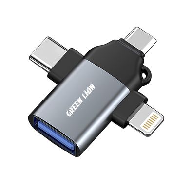 Green Lion 3-in-1 OTG Adapter with Lightning, Micro, Type-C & USB-A Connector Types, Wide Compatibility, Portable & Lightweight, Plug to Use, Fast Data Transmission - Gray
