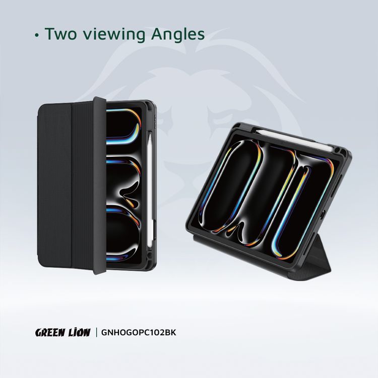 Green Lion Hogo Premium Case with Pencil Holder for iPad 10.2", Stable Trifold Stand, Full Body Drop Protection, Soft TPU Easy Install & Remove, Effective Shockproof - Black