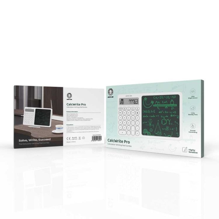 Green Lion CalcWrite Pro Calculator Writing Pad Combo with Ultra-Bright Screen, Long Standby Time, Highly Sensitive, CR2032/3V Coin Battery Powered - White