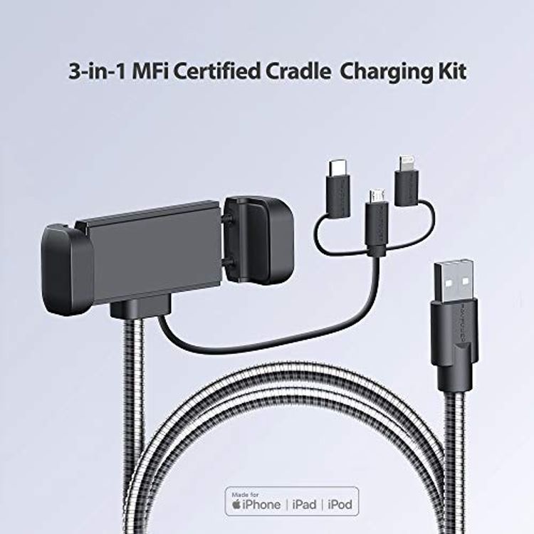 راف باور طقم شحن 3 في 1 بطول 0.6 متر متوافق مع لايتنينغ ، تايب سي و ميكرو يو اس بي رأس موصل من أجل خالي من العيوب ، حامل هاتف قابل للدوران 360 درجة على لوحة القيادة مناسب لأجهزة ايفون و ميكرو يو اس بي و تايب سي