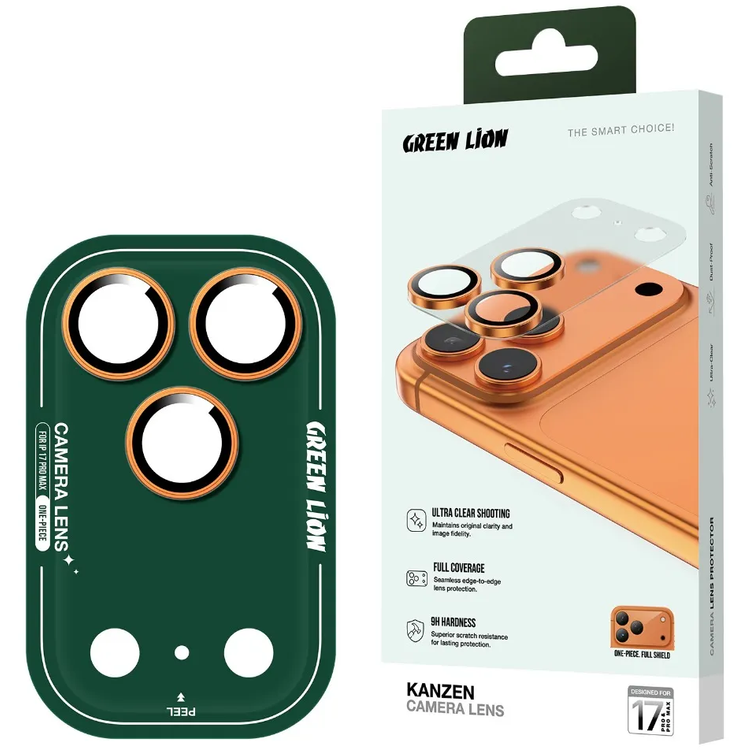 Green Lion Kanzen Camera Lens for iPhone 17 Pro, 9H Hardness, Easy to Apply, Anti Fingerprint, Bubble Free, Full Coverage, Ultra Clear Shooting, Impact Resistant, Ultra-Thin Base - Orange