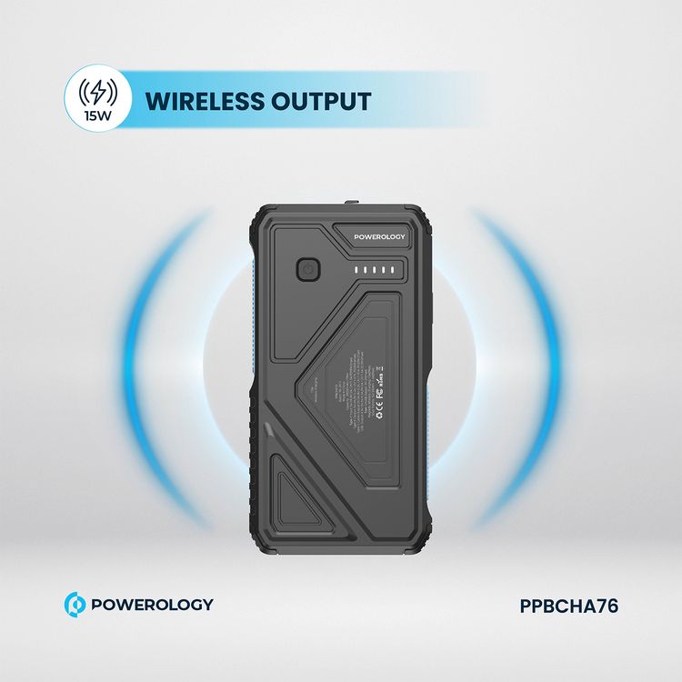 Powerology 20000mAh Solar Wireless Charging Power Bank with Simultaneous Charging, Multi-Mode Flashlight, 0% - 65% Charging in 35 Minutes, 70mm Cable Length - Black