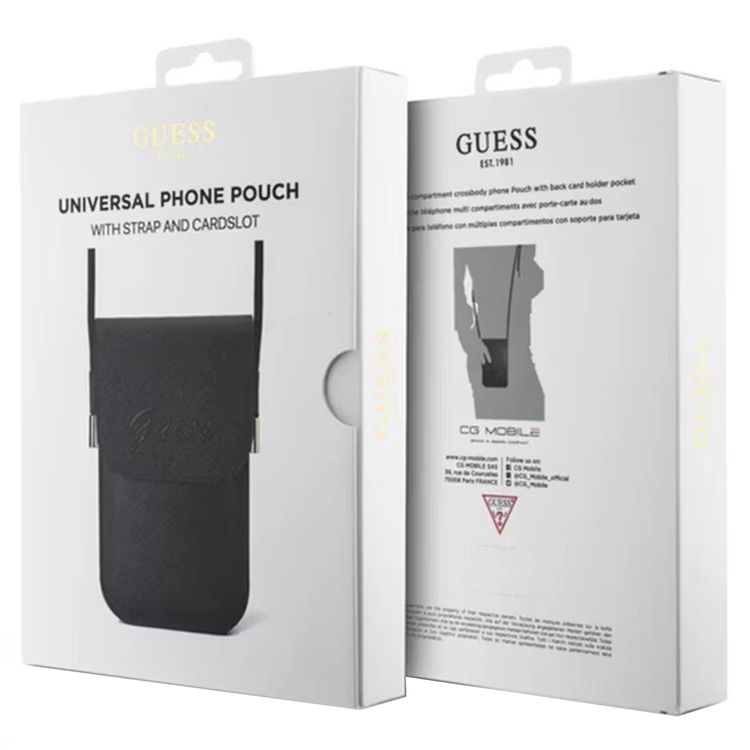 حقيبة هاتف Guess Universal Saffiano مع شعار منقوش، وفتحة للبطاقات، وحزام كتف قابل للتعديل، وخفيفة الوزن وسهلة الحمل - أسود