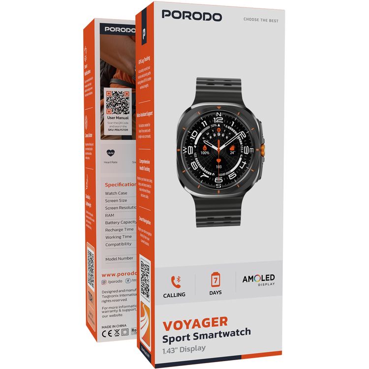 Porodo Voyager Sport Smart Watch with Extra Strap, 1.43" AMOLED Screen, Up to 7 Days Working Time, Compatible with Android 5.0 & Above, iOS 10.0 & Above, Health Tracking, Voice Assistant Support, Smart Notifications, GPS Log Tracking - Black