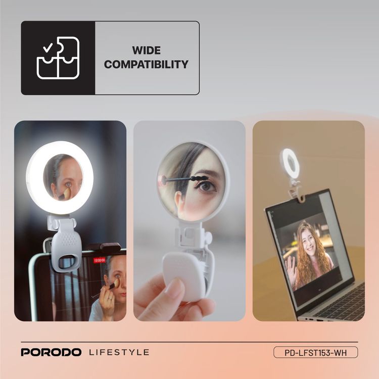 Porodo Lifestyle Clip-On Mirror Fill Light with Camera Shoe Mount, Type-C Charging Port, 200mAh Battery Capacity, Up to 4 Hours Working Time, 180° Adjustable Angle, Customizable Light Modes - White
