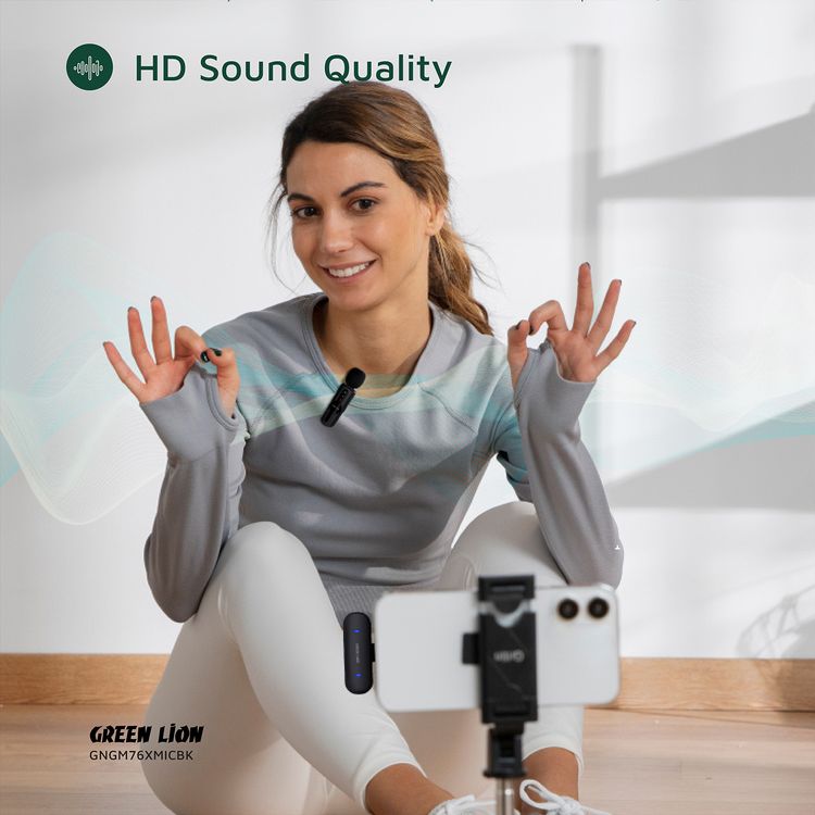 ميكروفون جرين ليون GM-76X مع إلغاء ضوضاء بثلاثة مستويات، وقت عمل يصل إلى 5 ساعات، تأخير أقل من 30 مللي ثانية، ميكروفون مزدوج، موصلات USB-A، Type-C وLightning - أسود