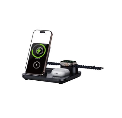 شاحن لاسلكي Green Lion 3 في 1 مع شحن الهاتف، شحن AirPods، شحن iWatch، واجهة Type-C، تشغيل باللمس، تصميم مريح، مادة ABC + PC