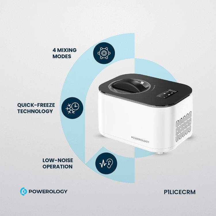 Powerology Ice Cream & Frozen Yogurt Machine with 4 Mixing Modes, 1L Capacity, 50 to 60 Minutes Preparation Time, Low-Noise Operation, 100W Cooling Power - White