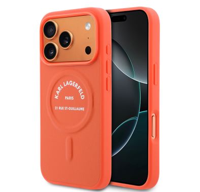كفر Karl Lagerfeld MagSafe PU مع أزرار بشعار Karl RSG لهاتف iPhone 17 Pro Max، تصميم نحيف، سهل التركيب، تغليف مستدام، قبضة مريحة، حماية من السقوط، تصميم خفيف الوزن - برتقالي