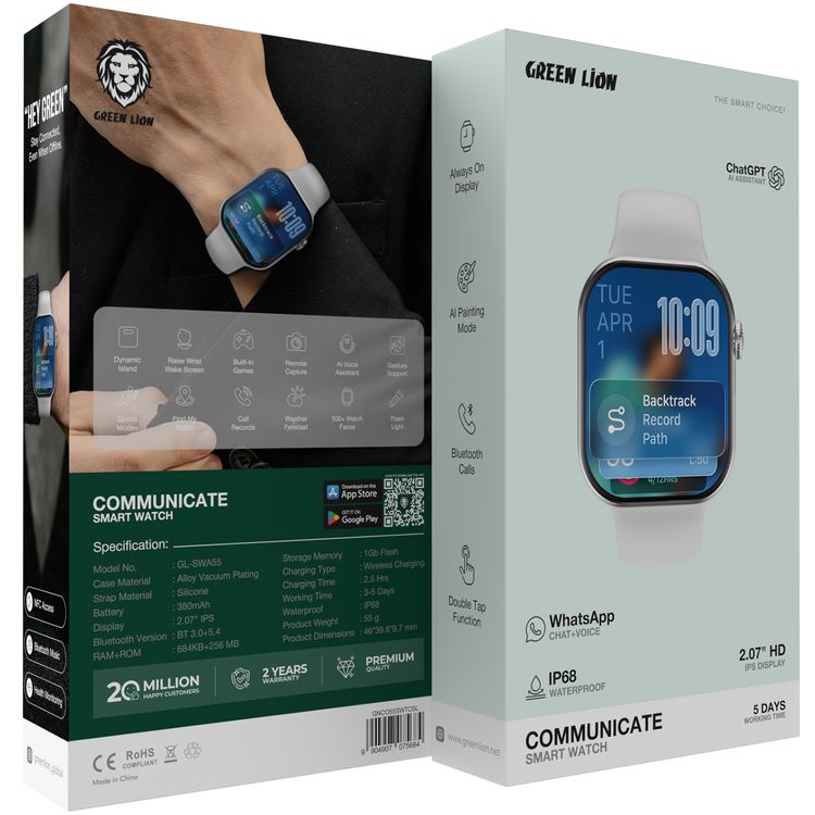 Green Lion Communicate Smart Watch with 2.07" IPS Dispaly, 380mAh Battery Capacity, Wireless Charging, AI Voice Assistant, 1GB Flash, 3-5 Days Working Time - Silver