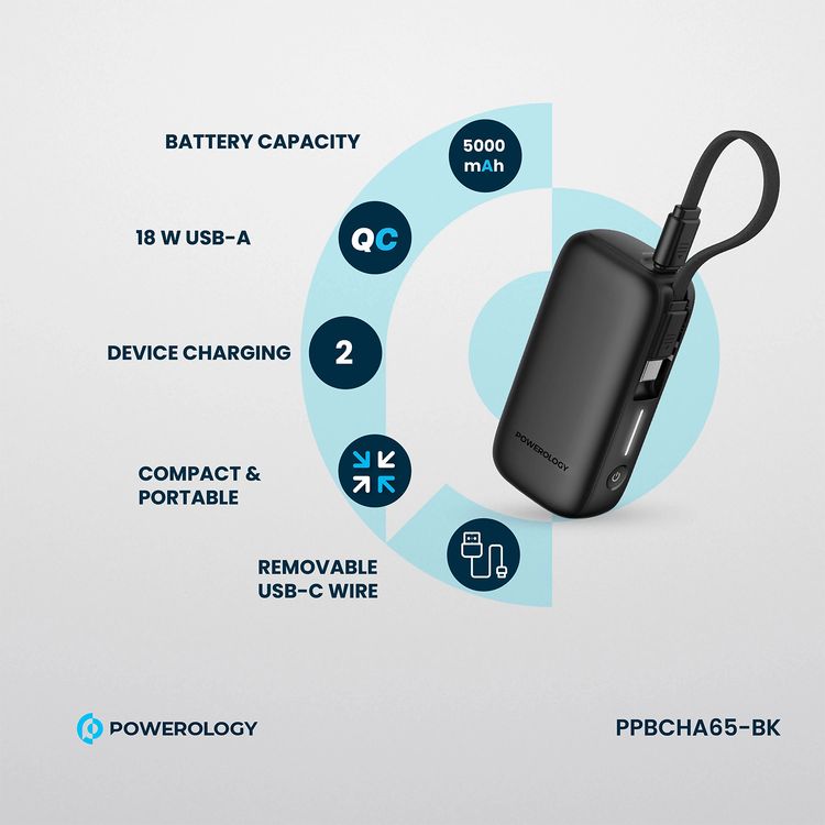بنك طاقة Powerology بسعة 5000 مللي أمبير في الساعة مع سلك USB-C قابل للإزالة، وتقنية شحن متقدمة، وشحن لجهازين، وصغير الحجم وقابل للحمل، مع حماية مدمجة، وتوصيل طاقة بقوة 20 وات - أسود