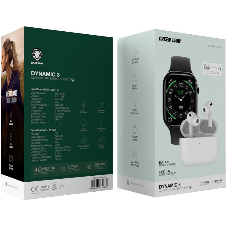 Green Lion Dynamic 3 Ultimate 46 Smart Watch and Earbuds Pro 3 Combo with Built-in Microphone, 2.01" IPS Wide Display, Full-Health Tracking, Sports Modes, IP65 Water Resistance Level, Dynamic Island, Zinc Alloy Shell Case, Bluetooth Version 5.4, Silicone Ear Tips & Lanyard Included - Black & White