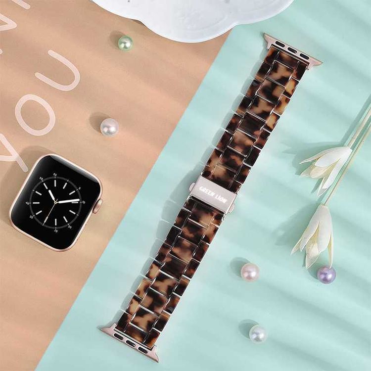 Green Lion Marble Watch Strap for Apple Watch 42/44/45/49mm, Double-lock Folding Buckle, Water Resistant, Easy Installation, Stainless Steel Connector - Amber