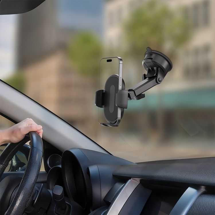 Green Lion Strong Hold X Phone Holder with Washable Suction Cup, Compatible with 4.7"-6.9" Devices, Anti-Slip Base, Quick Release Button, Adjustable Telescopic Arm - Black