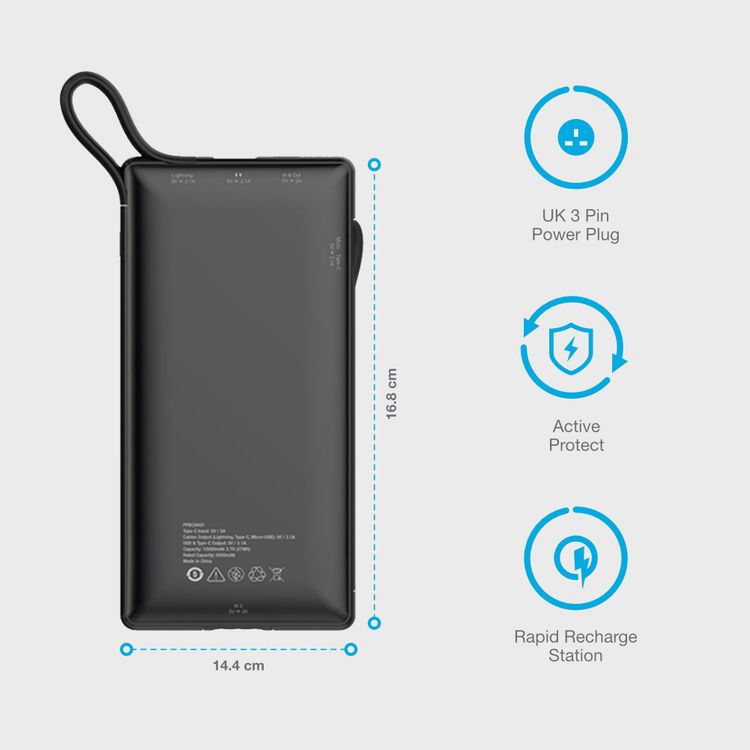 Powerology 6 in 1 Power Bank Station 10000mAh With Built-in Cable, Portable Power Bank, 1 Rapid Recharging Station, Type C Charging Ports - Black