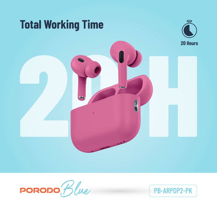 Porodo Blue Earbuds Pro 2 With Swipe Volume, 20 Hours Working Time, Wireless Charging, Deep Bass, Independent Earbuds, Touch Control - Pink