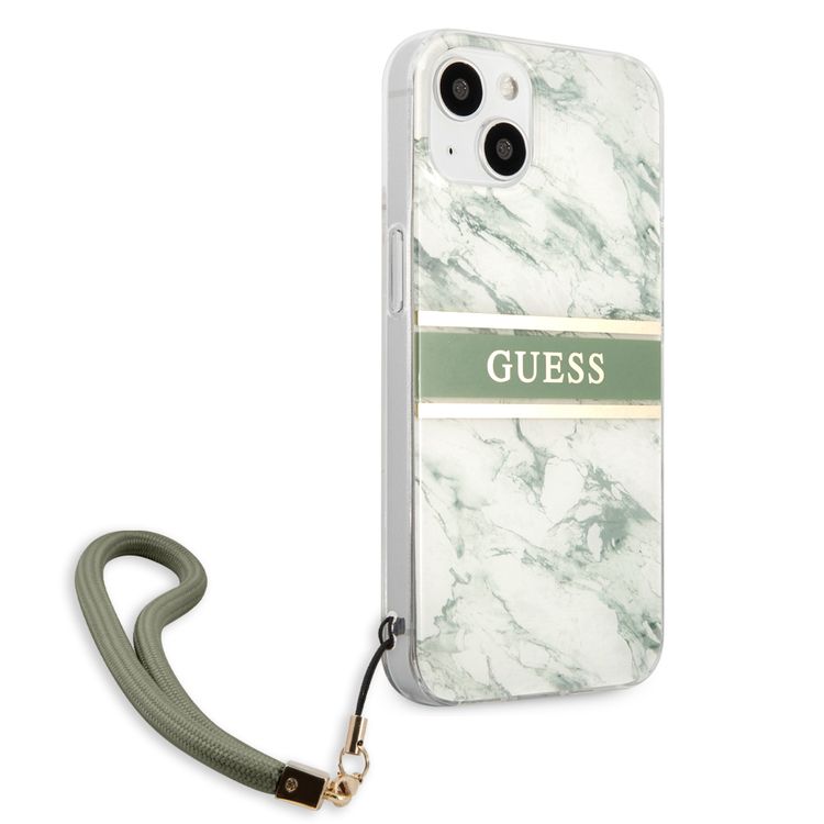 CG MOBILE Guess PC/TPU Case Marble Design & Stripe with Anti-Lost Nylon Strap for iPhone 13 (6.1") Shock Absorption & Drop Protection Suitable with Wireless Chargers Officially Licensed Green