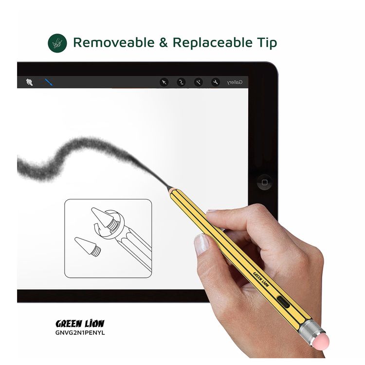 Green Lion Vintage 2-in-1 Stylus Pencil with Up to 12 Hours Working Time, 1.7mm Nib Diameter, Removeable & Replaceable Tip, 130mAh Battery Capacity, Palm Rejection - Yellow