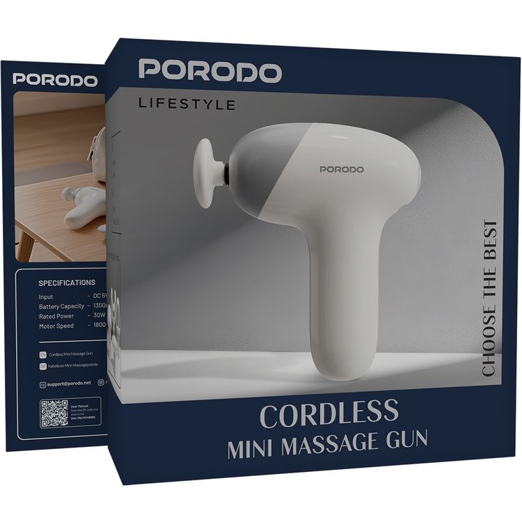 Porodo Lifestyle Cordless Mini Massager with 4 Interchangeable Heads, 5 Speed Levels, 4 Hours Working Time, Adjustable Massage Intensity, Fast Charge, 30W Rated Power, 1300mAh Battery, Safety Auto Shut-Off - Beige