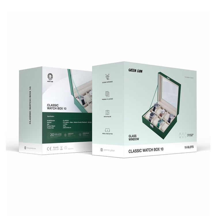 Green Lion classic Watch Box 10 Slots with Glass, Lightweight & Portable, Elegant Appearance, Metal Push Button, 10 Pillow-lined Spaces - Green