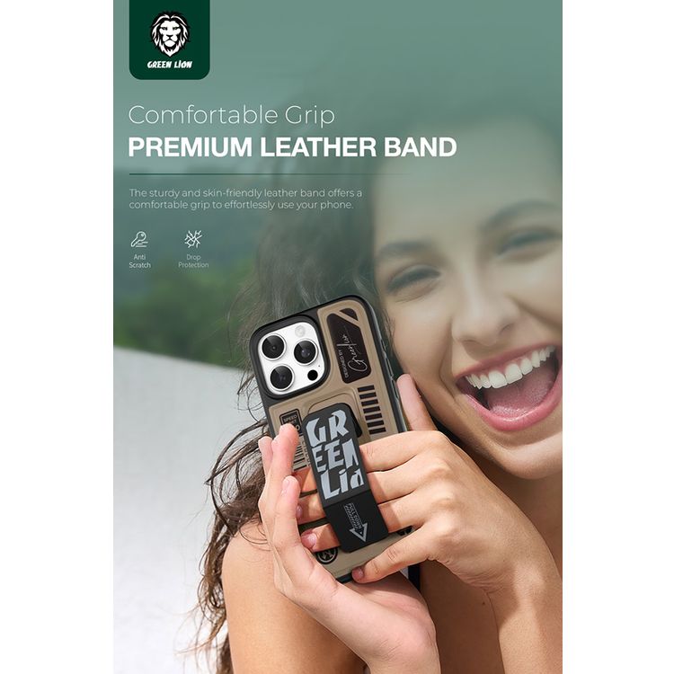 Green Lion Grip Pro MagSafe Case for iPhone 16 Pro, Foldable Leather Grip, 3800gs Force, Drop Protection & Shock Absorption, Anti Scratch - Desert Titanium