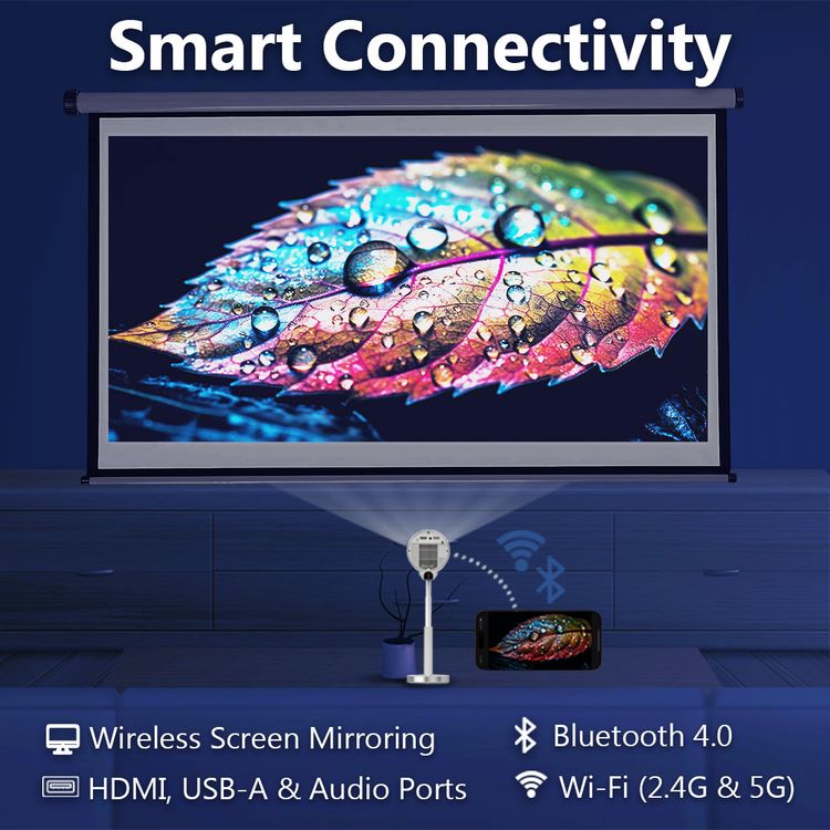 Porodo Lumos Smart HD Projector with Adjustable Telescopic Stand, 100" Ultra Wide Screen, Android 13, Remote Controller, 2.69" LCD Panel Size, ×1 HD Multimedia & ×1 USB-A & ×1 Audio Inerface, 50"-100" Projection Size, 1.2-4m Projection Distance, Cinematic Screen Viewing - White