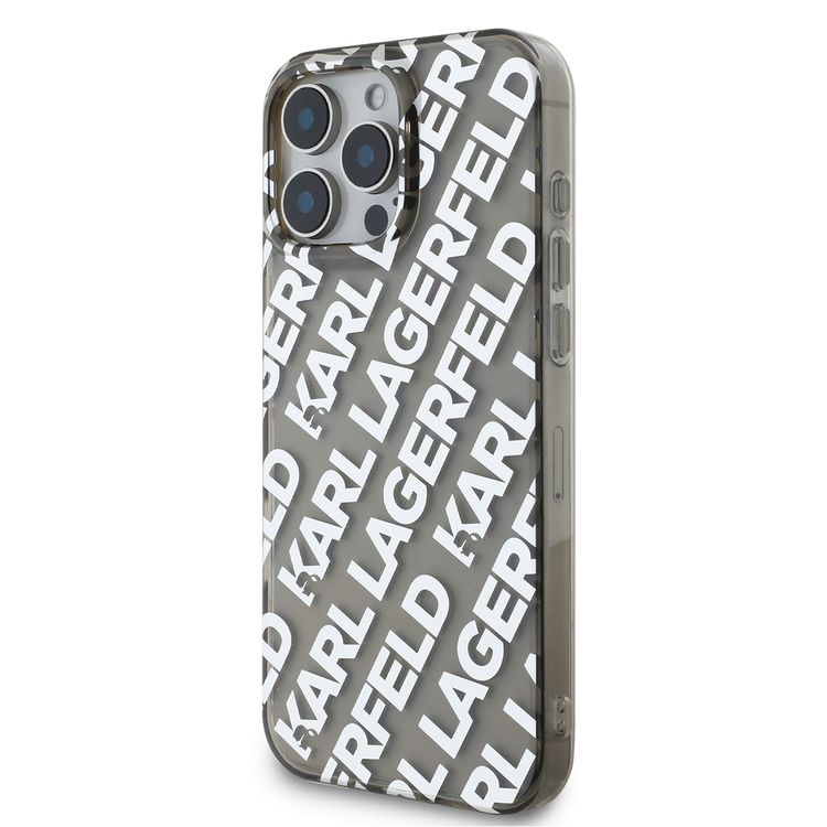 كفر Karl Lagerfeld IML الصلب مع شعار متكرر مطلي كهربائيًا لهاتف iPhone 16 Pro، حماية من السقوط، سهل التركيب، تغليف مستدام - فضي