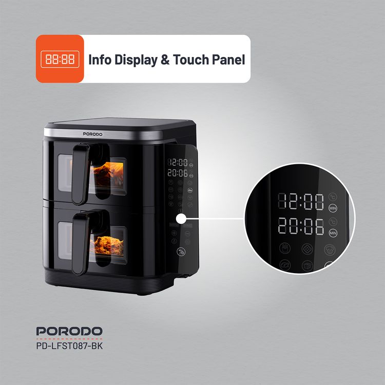 Porodo Lifestyle Double Stack Air Fryer, 11L Capacity, 2800W Power, 220-240V Voltage, 50-60Hz Frequency, 12 Presets, Touch Control - Black