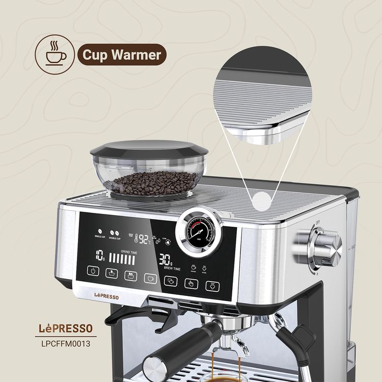 ماكينة صنع قهوة اسبريسو LePresso Advanced ذات شاشة لمس تفاعلية، مضخة ULKA 19 بار، 1350 واط، سعة خزان مياه 2.5 لتر، مقياس غلاية، مطحنة مخروطية الشكل، إعدادات طحن قابلة للتعديل - فضي