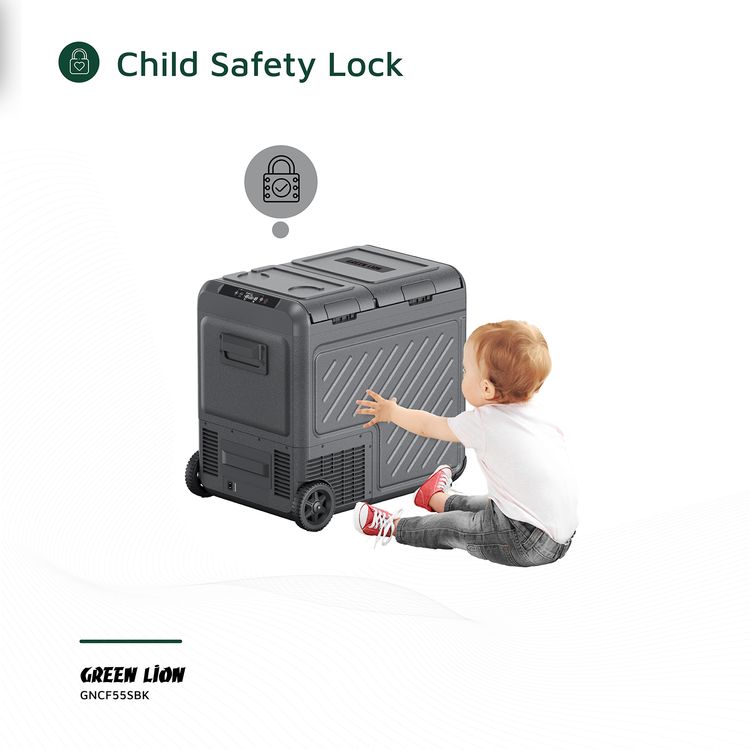 Green Lion GFC-55 Car Fridge with 55L Capacity, Pull Bar & Wheels, Touch Control Display & Interior Lights, Dual Power Supply, Child Safety Lock, Two Shelves, Quiet Operation - Black