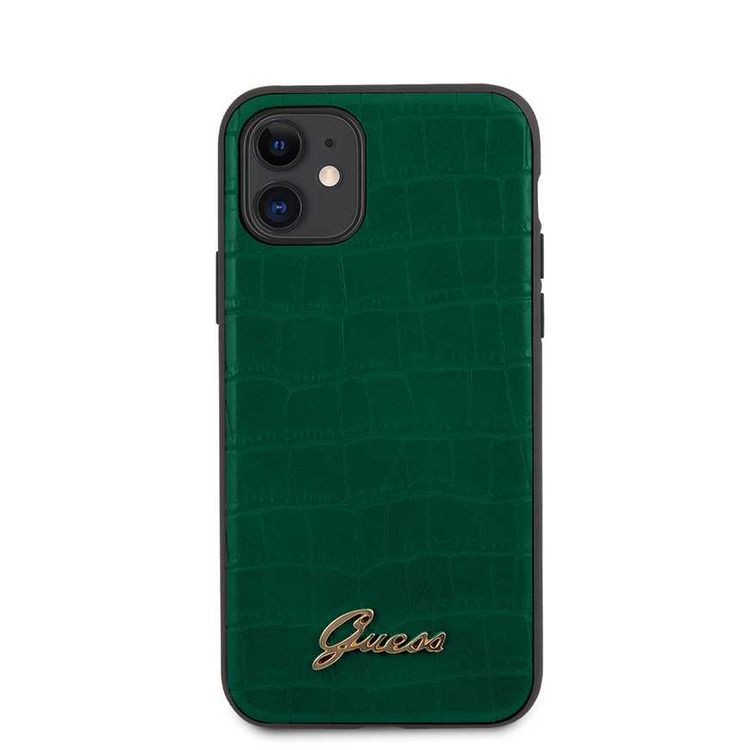 CG Mobile Guess PU Croco Print Phone Case with Metal Logo Compatible for iPhone 11 (6.1") Shock & Scratch Resistant Officially Licensed - Dark Green