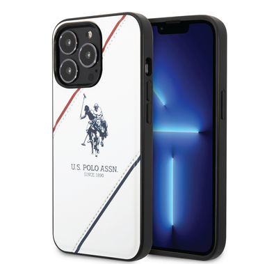 USPA PU Leather Case with Embossed Double Line & Horse Logo iPhone 14 Pro Max Compatibility - Red/White/Navy