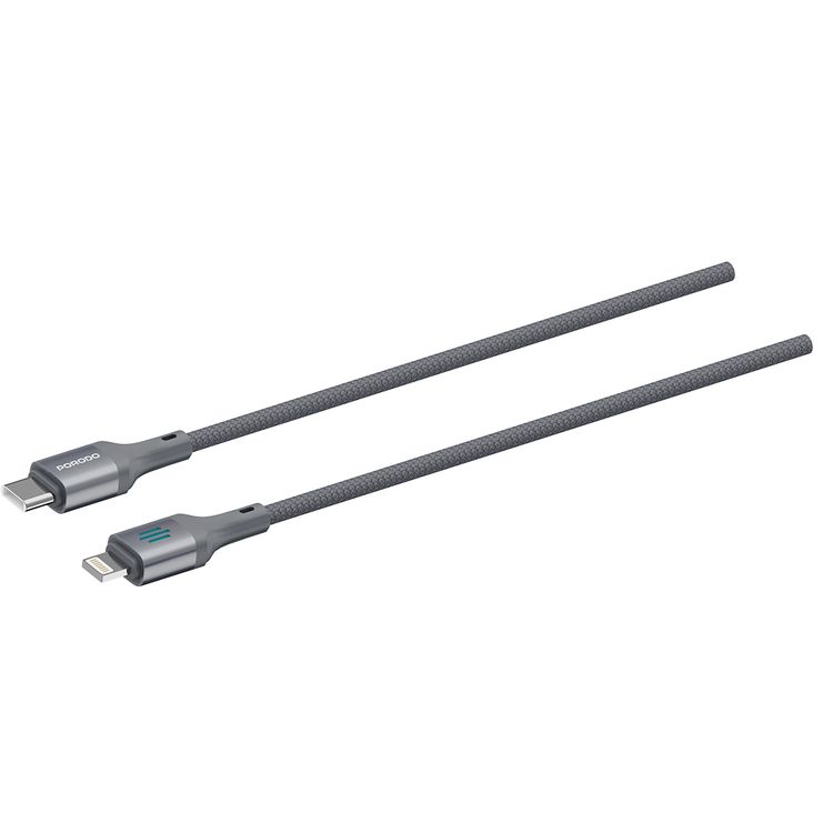 Porodo USB-C to Lightning Charging & Data Cable with 27W Power Delivery, 1m Cable Length, Braided Cable with Tangle-Free Design, 480Mbps Data Transfer Speed, Fast Charge - Gray