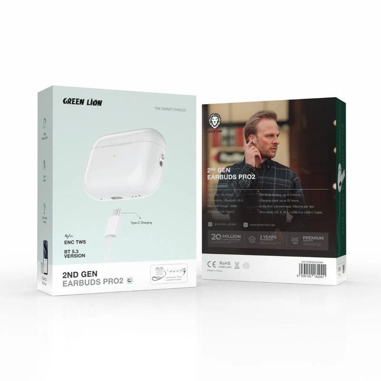 سماعات Green Lion 2nd Gen Earbuds Pro 2 مع تقنية ENC، شحن Type-C، شحن لاسلكي، وقت تشغيل 5 ساعات، إصدار بلوتوث 5.3، نطاق عمل بلوتوث 25 متر، حافظة شحن تصل إلى 20 ساعة، أطراف أذن سيليكون و حبل مرفق - اللون الأبيض.