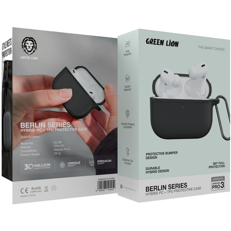 Green Lion Berlin Series Hybrid PC & TPU Protective Case for AirPods 3, Drop Protection, Scratch-Resistant, Wireless Charging Compatible, Carabiner Clip Included, 360° Full Protection, Protective Bumper Design - Black