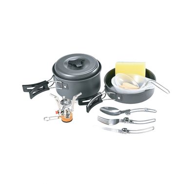 Green Lion 10-in-1 Camping Cookware with Camping Stove, Foldable Soup Spoon, Wooden Shovel, Small Bowl, Foldable Knife, Heat-Resistant Handles - Black