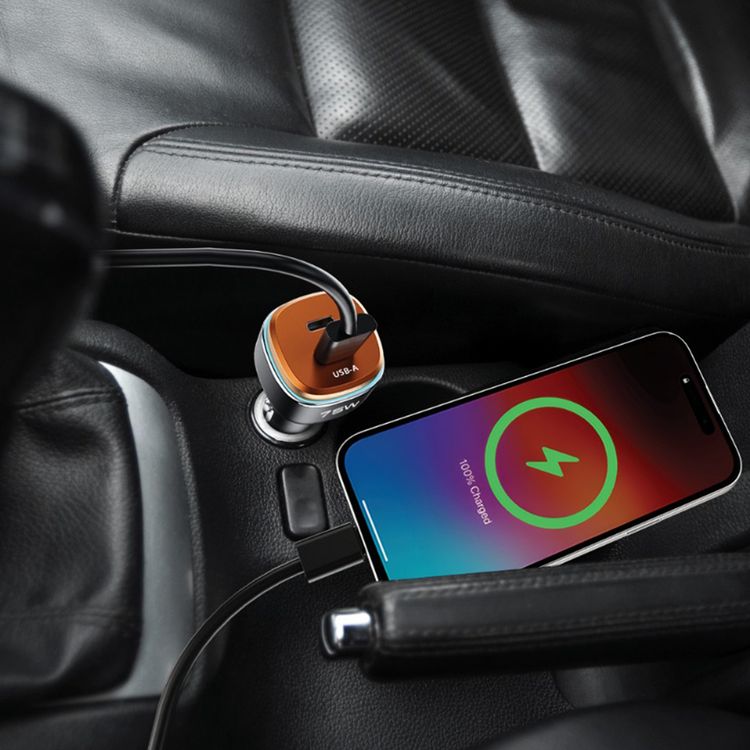 Powerology 75W Dual-Port High-Power Car Charger, USB-C & USB-A Ports, 75W Total Output, 45W Power Delivery, LED Ambient Light, Fast Charge, Zinc Alloy with Oil Painting Finish Material - Black / Orange
