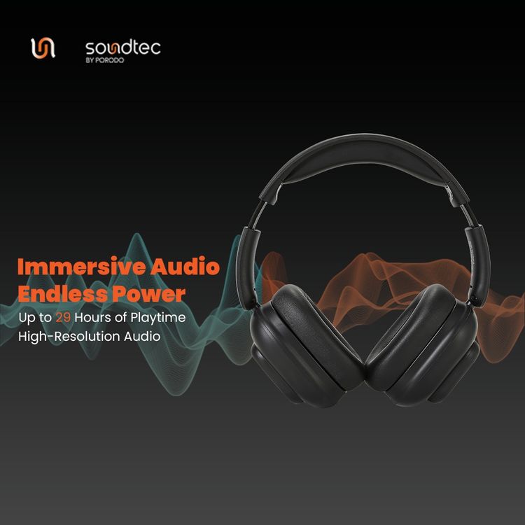 Porodo Soundtec Touchwave ANC Headphones with Detachable Touch Screen, 300mAh Battery Capacity, USB-C Charging Port, 2 Hours Charging Time, Bluetooth Version 5.4, 10m Transmission Range, Up to 29 Hours Play Time, Built-in Microphone, Immersive Audio, Compact Foldable Design - Black