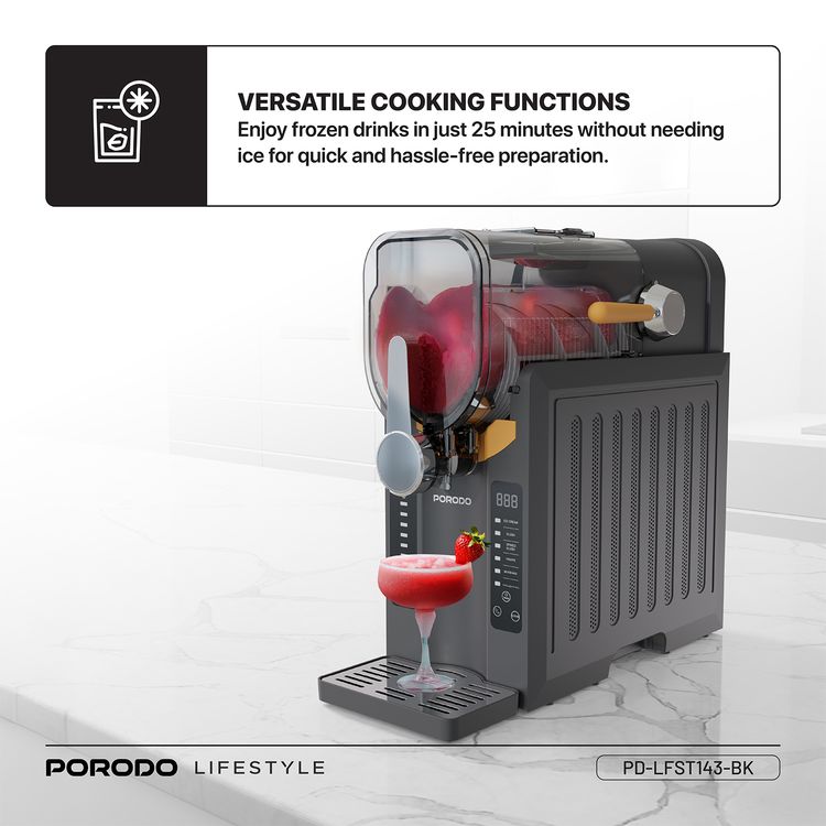 Porodo Lifestyle Multifunction Slushie Maker with 2.6L Capacity, 200W Rated Power, 220-240V Rated Voltage, 50Hz Rated Frequency, 3-Pin UK Plug, Instant Frozen Drinks, Intuitive Controls, Efficient Blending - Black